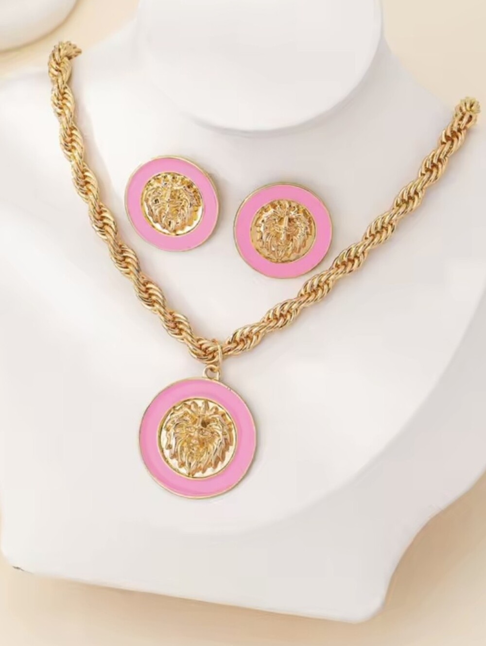 Gold & Pink Lion Earrings & Necklace